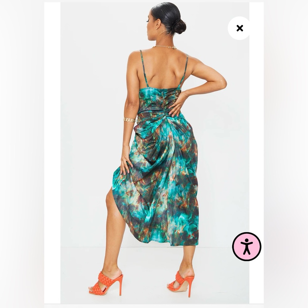 PRETTYLITTLETHING SATIN TEAL GREN BLUE SLEEVELESS COWL NECK MIDI DRESS SIZE 8 - Picture 2 of 8